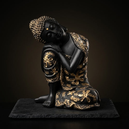 Black & Gold Resting Buddha Statue with Floral Robe Detail — main view