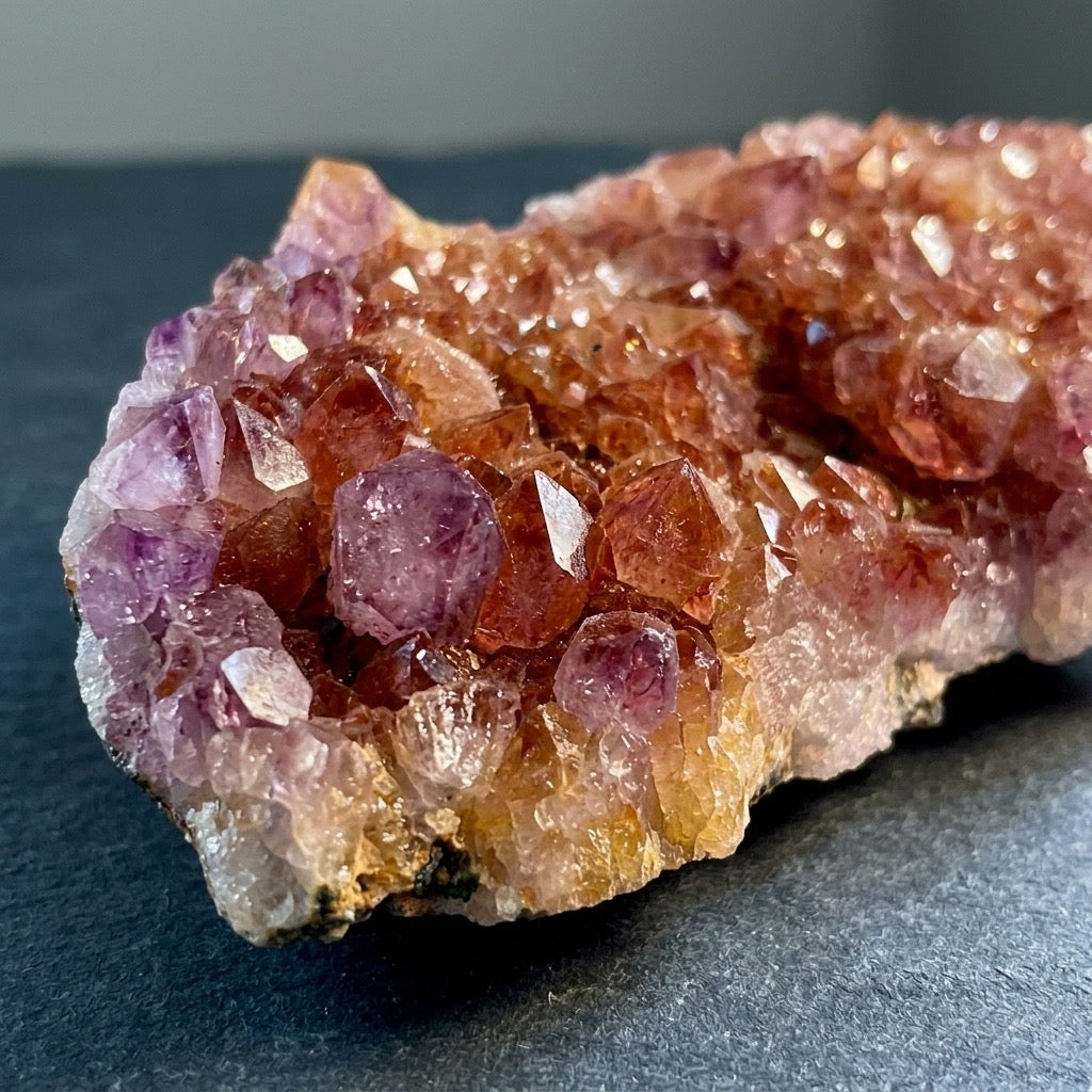 Red Cap Amethyst — Hematoid Quartz Crystal Cluster, Iron Inclusions, 2.78 lbs — detail view