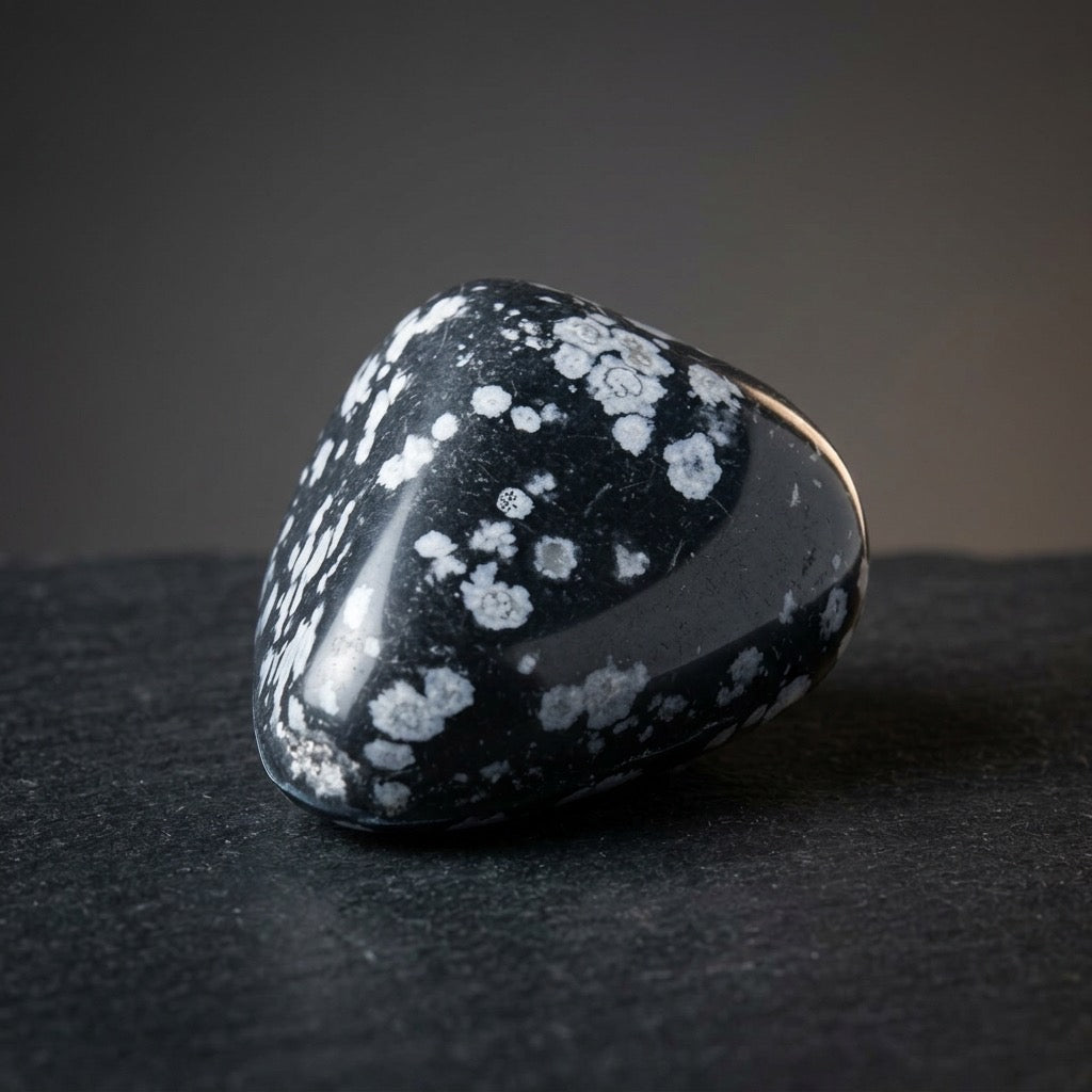 Snowflake Obsidian Specimen — Black Volcanic Glass, Cristobalite Inclusions, 11g — detail view