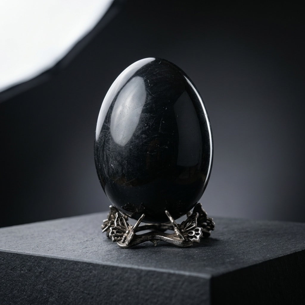 Void Mirror — Black Obsidian Egg Carving — main view