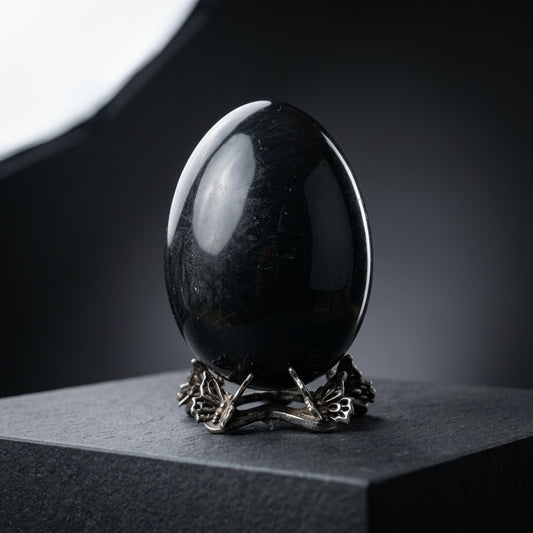 Void Mirror — Black Obsidian Egg Carving — main view