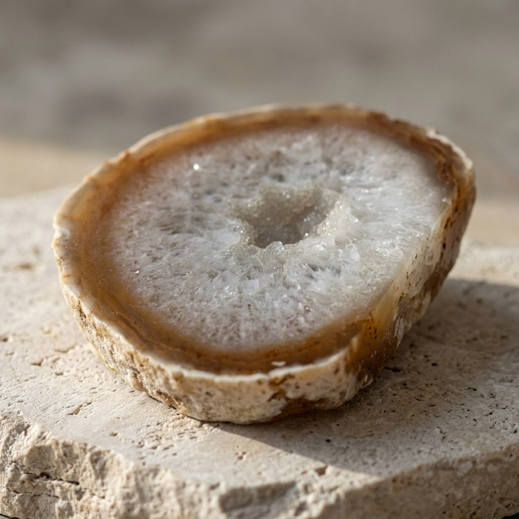 Polished Agate Geode Slice — Druzy Quartz Interior, Backlit Translucent, 240g — detail view