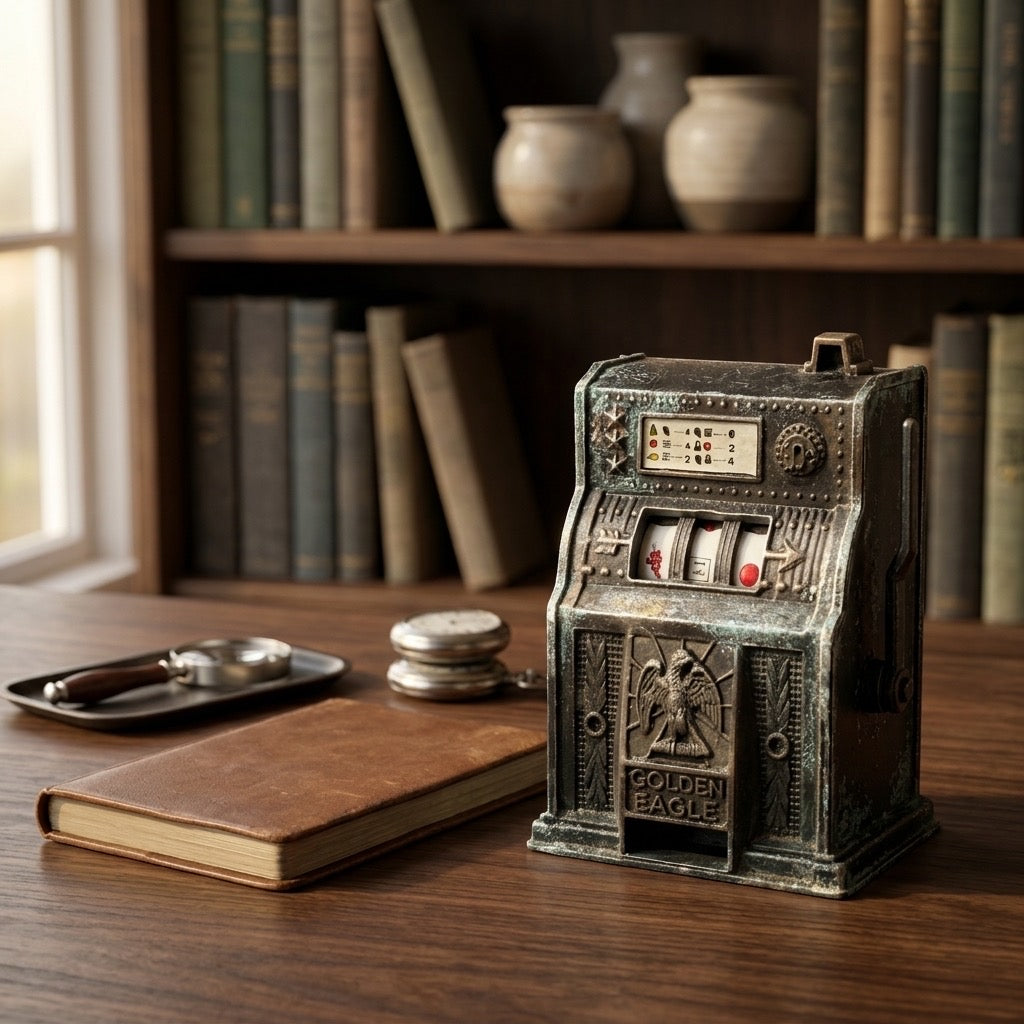 Vintage “Golden Eagle” Die-Cast Slot Machine Pencil Sharpener — Bronze Finish — detail view