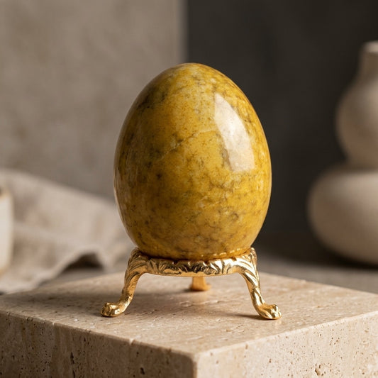 Yellow & Green Mottled Stone Egg — Warm Golden Tone, Vintage Piece, Polished — main view