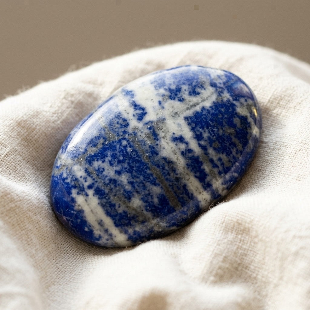Lapis Lazuli Polished Oval — Deep Ultramarine with Pyrite Flecks, 82g — detail view