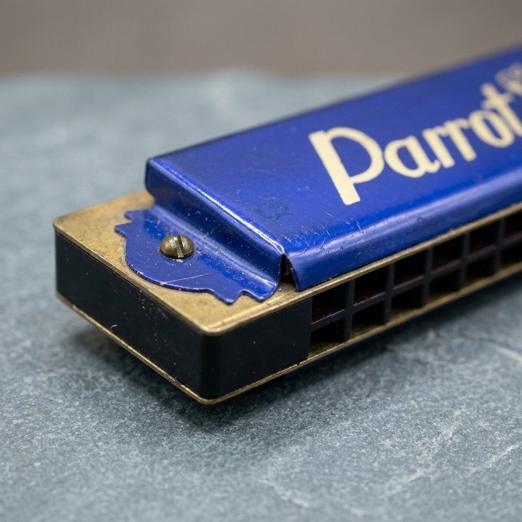 Parrot Vintage 32-Hole Harmonica — Blue with Gold Accents, Tremolo Style — detail view