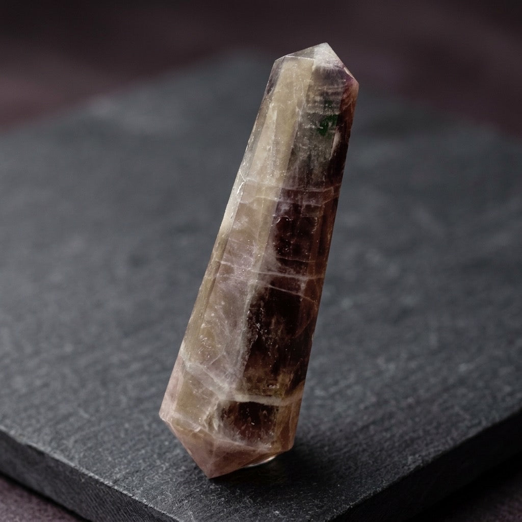 Purple Fluorite Tower Point — Polished Lapidary, Color-Zoned Violet, Natural Mineral — detail view