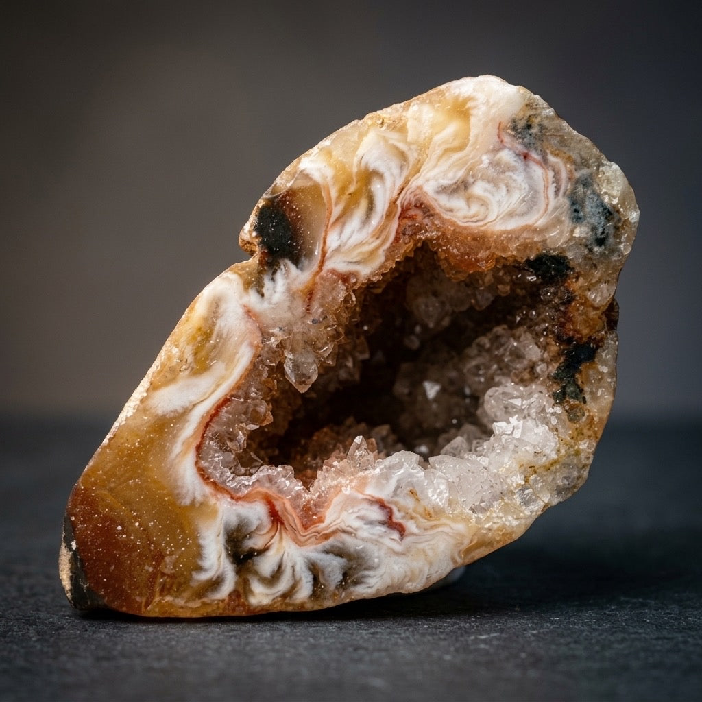 Agate Geode — Banded Chalcedony & Quartz Crystal Interior — detail view