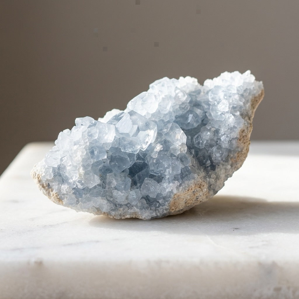 Blue Celestite Crystal Cluster — Pale Sky Blue, Natural Formation, 389g — detail view