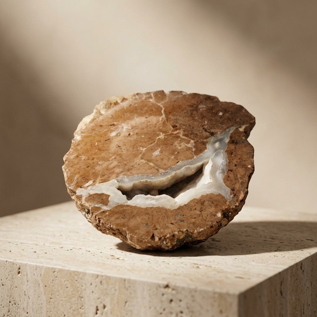Thunderegg Half — Cut & Polished Interior, White Chalcedony Band, Brown Agate — detail view
