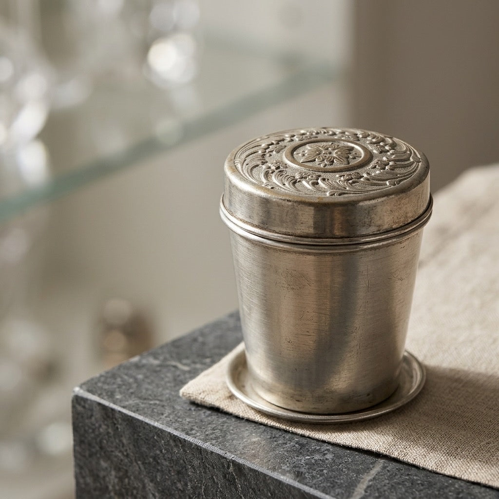 Antique Victorian Collapsible Metal Travel Cup — detail view