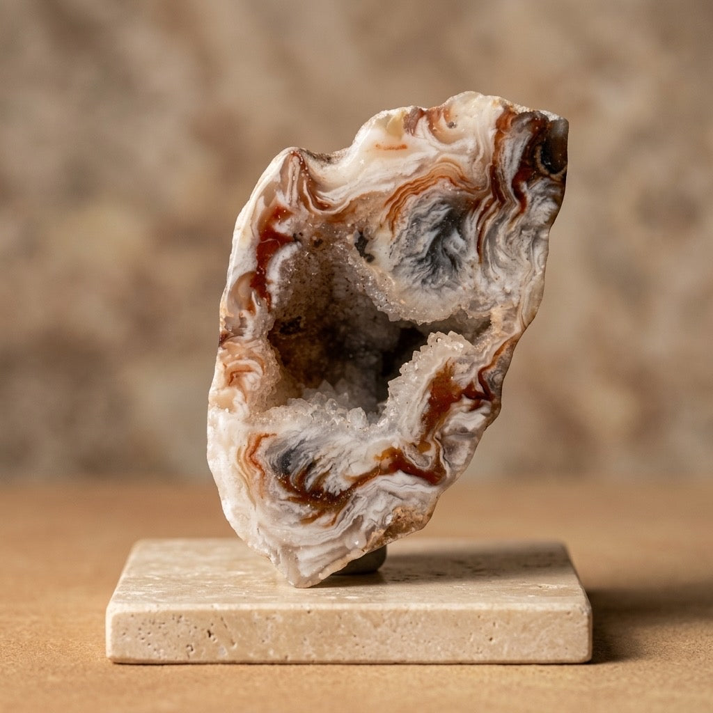 Polished Agate Geode — Wild Swirling Banding, Druzy Crystal Cavity, Red & Blue-Grey — main view