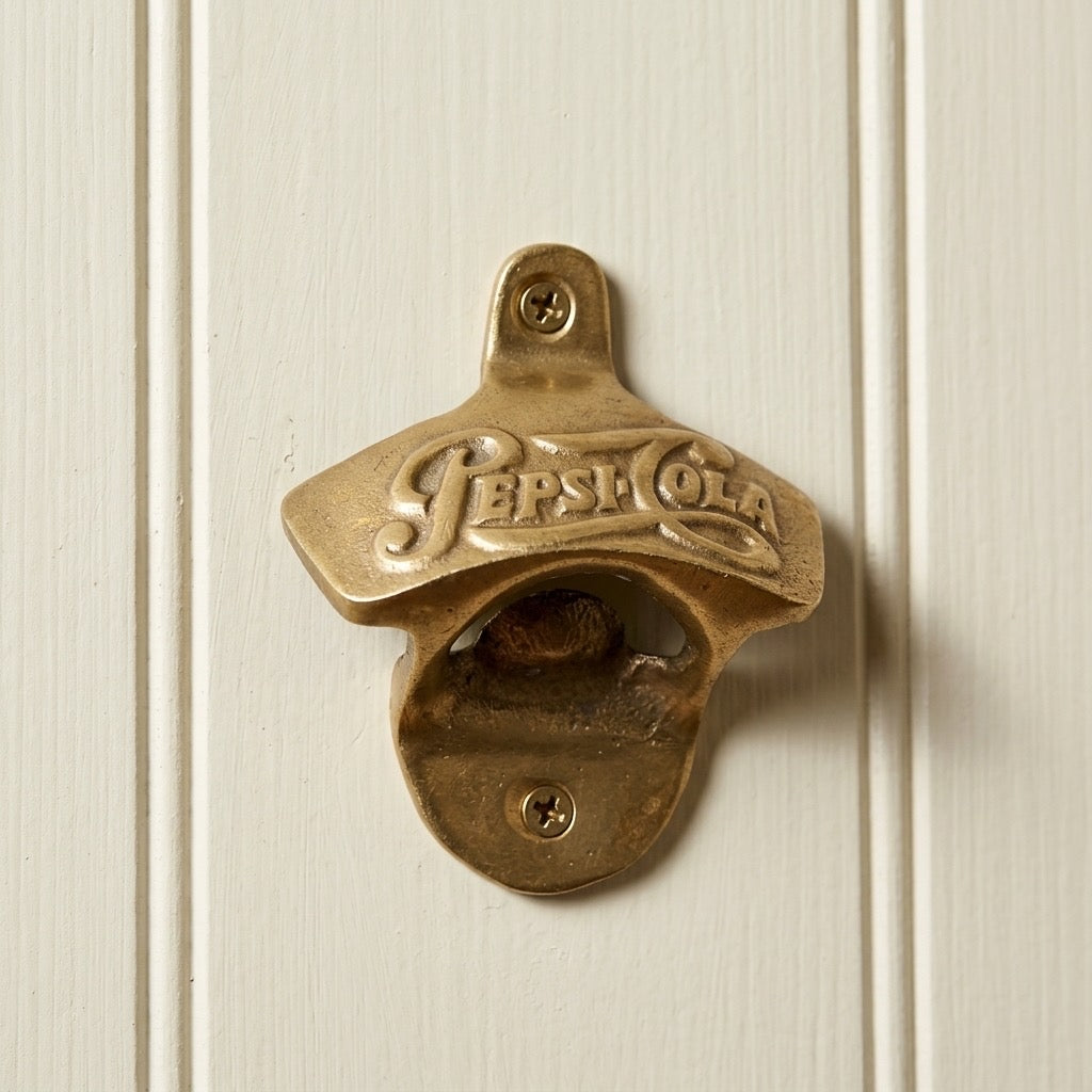 Pepsi-Cola Brass Wall-Mount Bottle Opener — Vintage Advertising Hardware — detail view