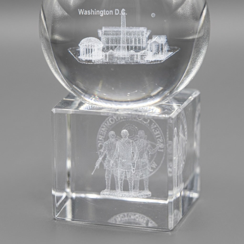 3D Laser Etched Crystal Globe Paperweight — Washington D.C. Monuments — detail view