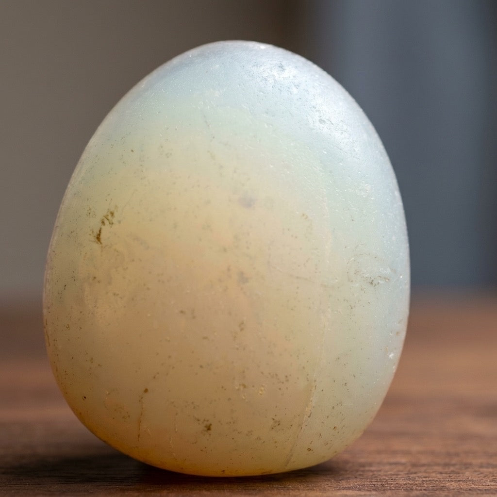 Opalite Glass Egg — Man-Made Iridescent Glass, Luminous Milky Glow, 102g — detail view