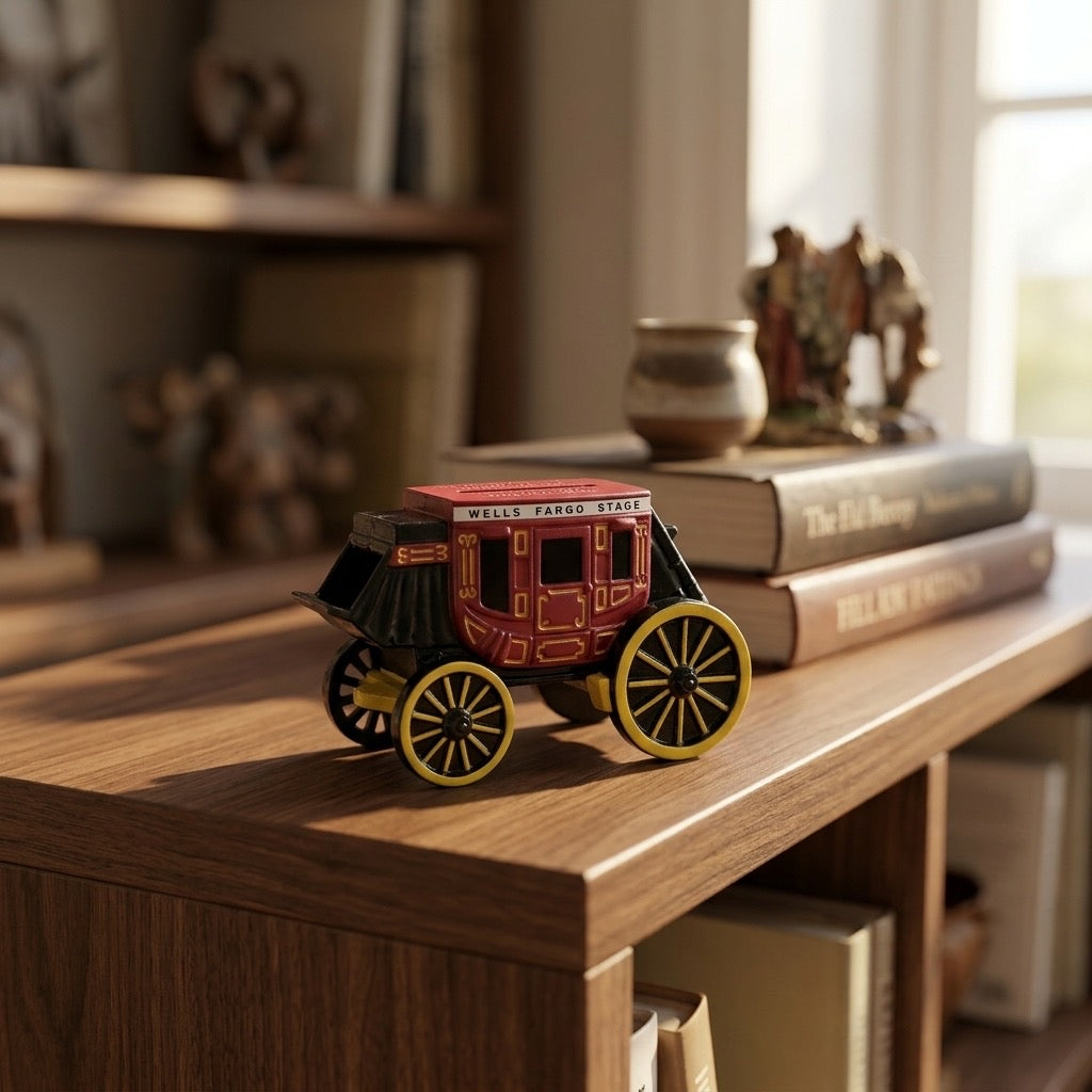 Wells Fargo Stagecoach Cast Iron Coin Bank — Red, Black & Yellow — detail view