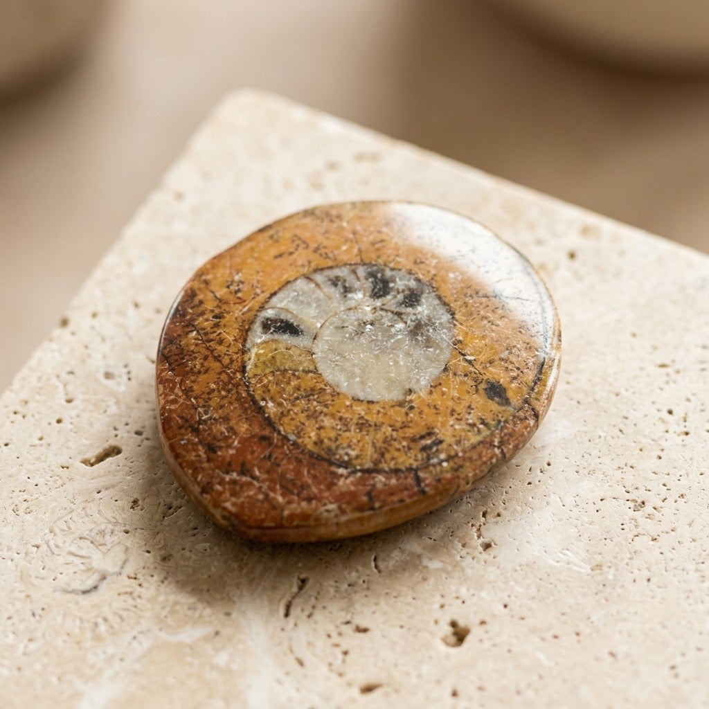Polished Goniatite Fossil — Ancient Marine Cephalopod, Spiral Chamber Pattern, 9g — main view