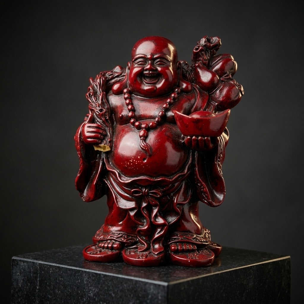Red Cinnabar-Style Laughing Buddha Statue with Gold Ingot & Sack — detail view