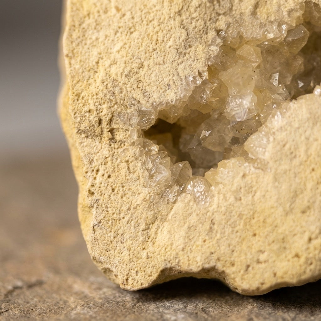 Keokuk Geode — Quartz Crystal Interior, Ancient Seabed Formation, 501g — detail view