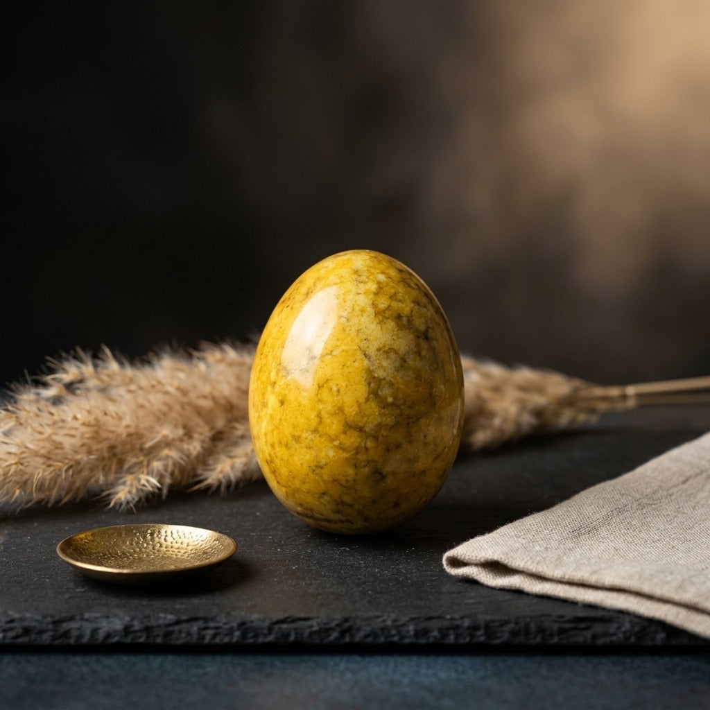 Yellow & Green Mottled Stone Egg — Warm Golden Tone, Vintage Piece, Polished — detail view
