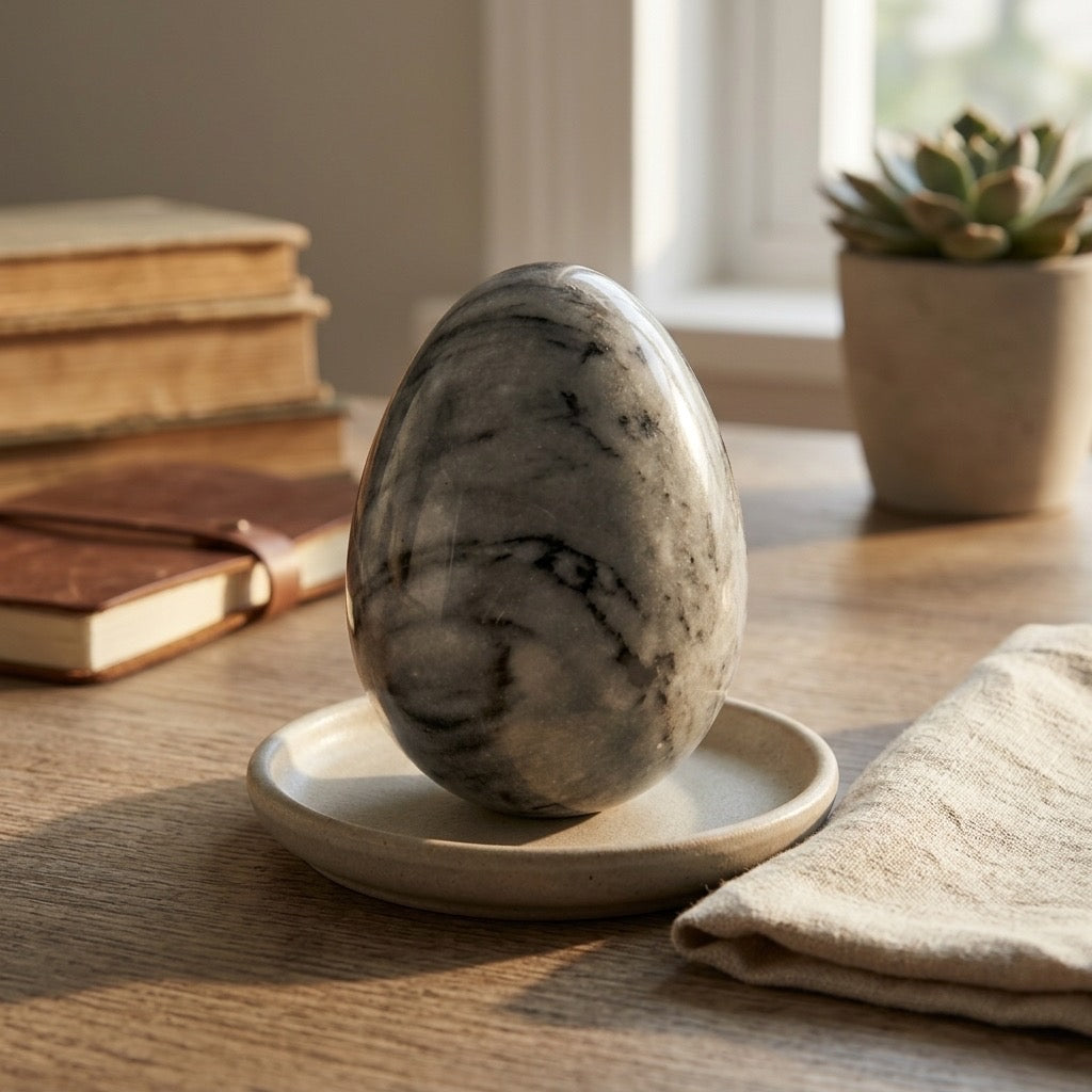 Gray & Black Veined Marble Stone Egg — Bold Veining, Polished, — detail view