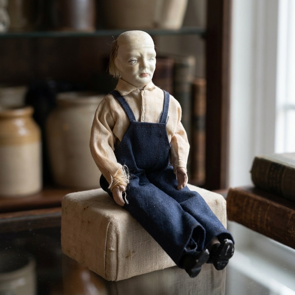 Vintage Composition Old Man Doll — Overalls, Folk Character Figure — detail view