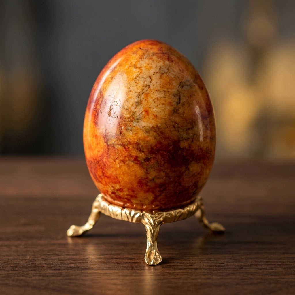 Red & Amber Marble Stone Egg — Warm Mottled Tones, Polished, 148g — detail view