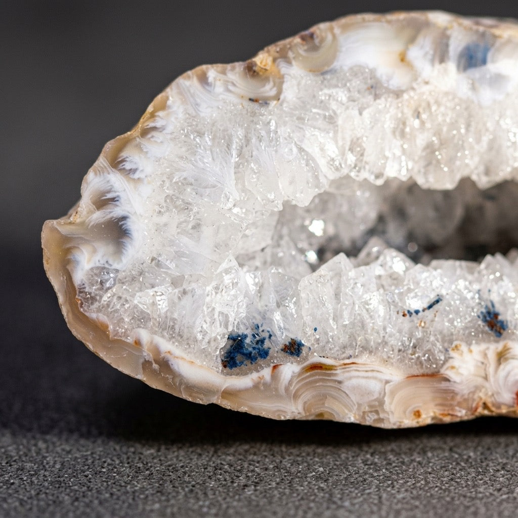 Agate Geode Half — Banded Chalcedony & Quartz Druzy — detail view