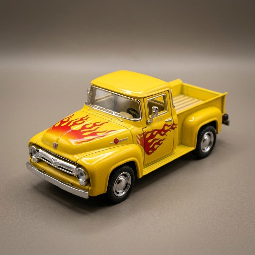 Jada Toys 1956 Ford F-100 Pickup Diecast — Yellow with Flame Detail, Wood-Look Bed — detail view
