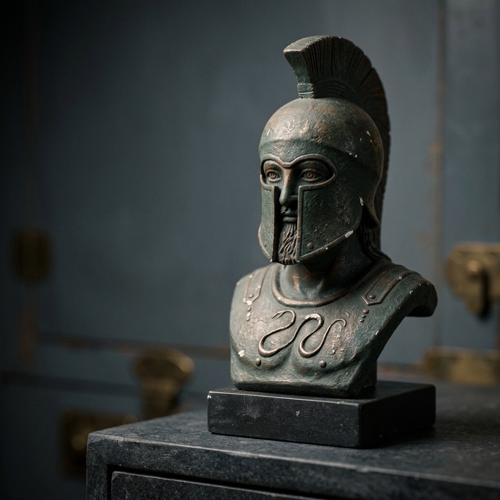 Spartan Warrior Bust — Weathered Greek-Style Statue — main view