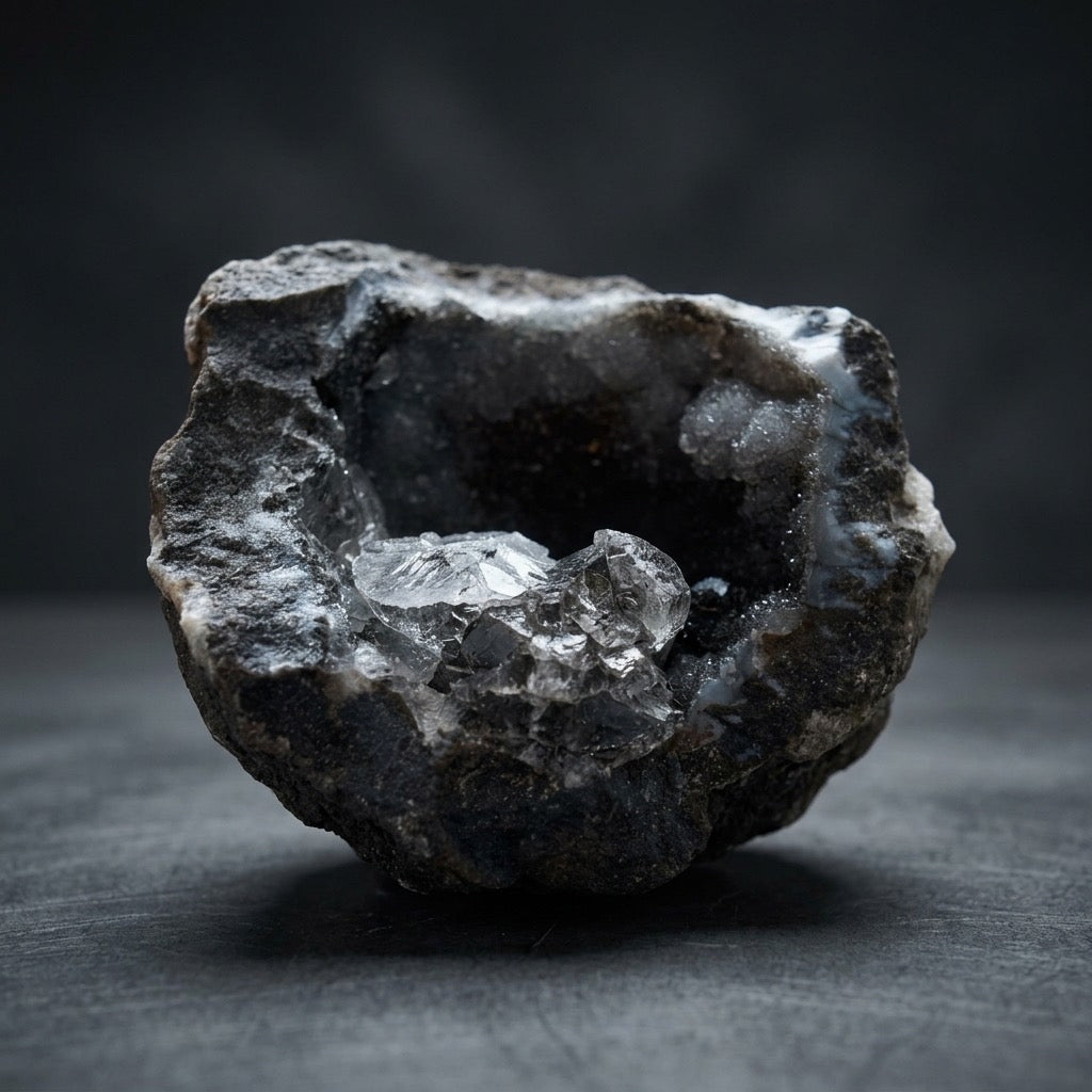 Void & Light — Black Chalcedony Geode with Quartz Crystal Core — detail view