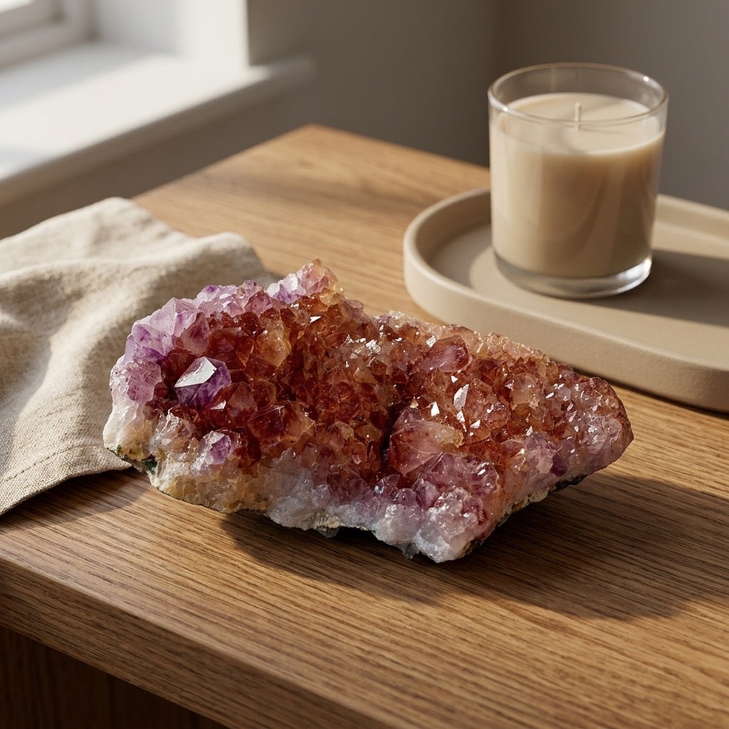 Red Cap Amethyst — Hematoid Quartz Crystal Cluster, Iron Inclusions, 2.78 lbs — detail view