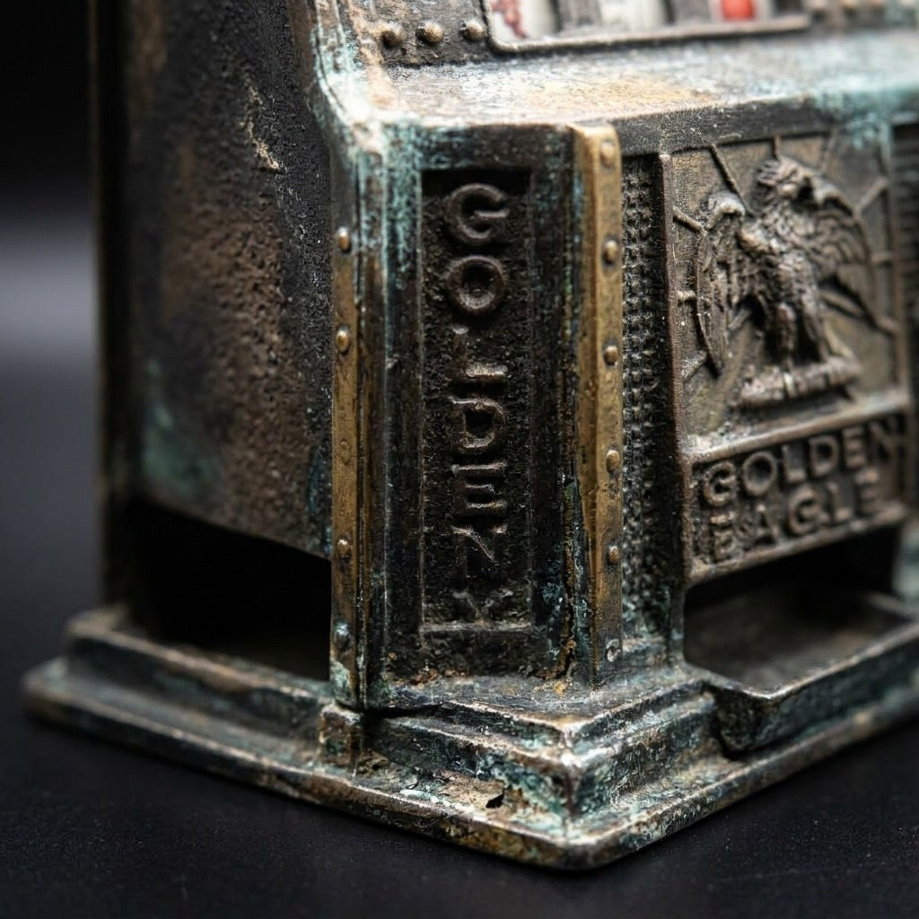 Vintage “Golden Eagle” Die-Cast Slot Machine Pencil Sharpener — Bronze Finish — detail view