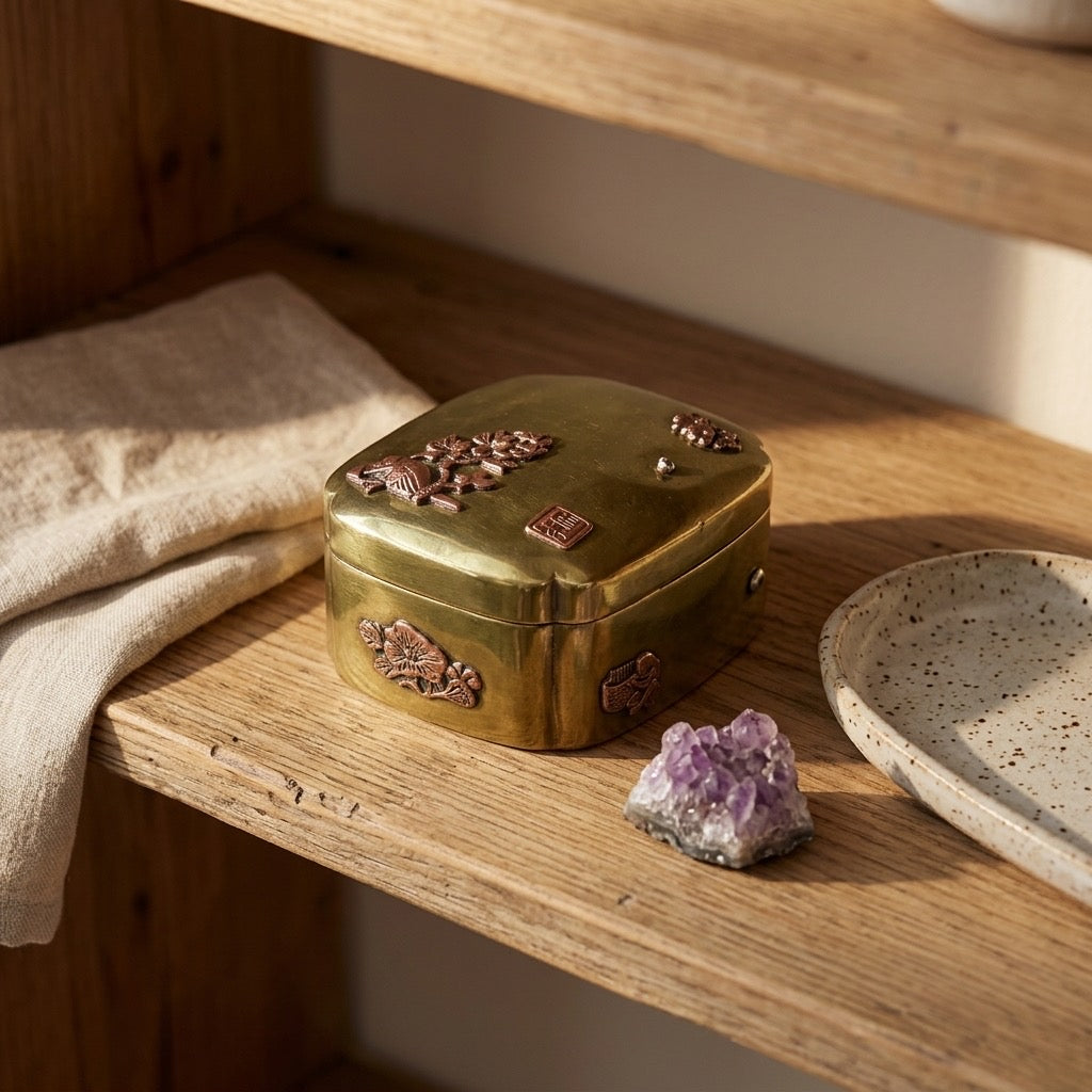 Antique Japanese Brass & Copper Mixed-Metal Trinket Box — detail view