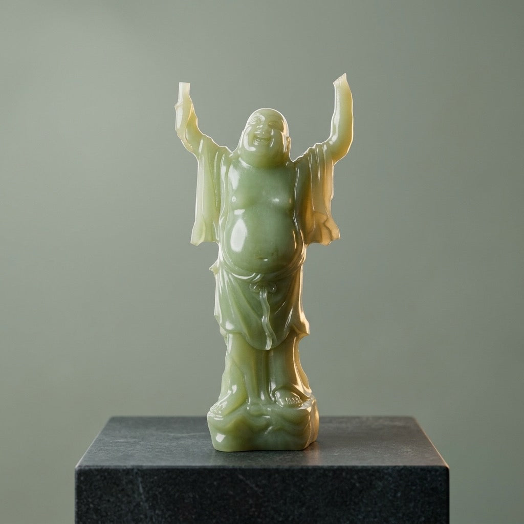 Vintage Jade-Style Laughing Buddha Resin Statue — Feng Shui Good Fortune — main view