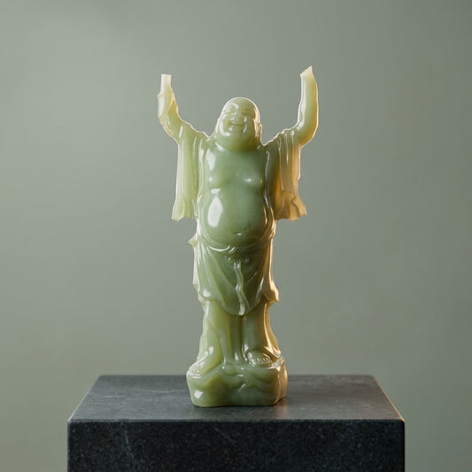 Vintage Jade-Style Laughing Buddha Resin Statue — Feng Shui Good Fortune — main view