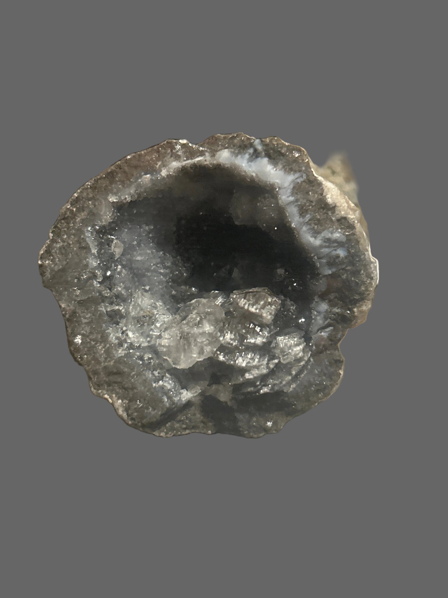 Void & Light — Black Chalcedony Geode with Quartz Crystal Core — detail view