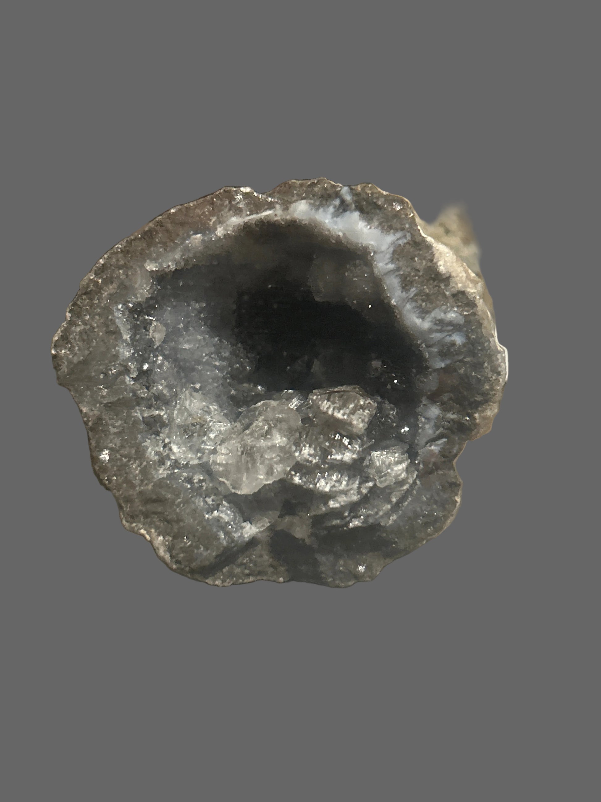 Void & Light — Black Chalcedony Geode with Quartz Crystal Core — detail view