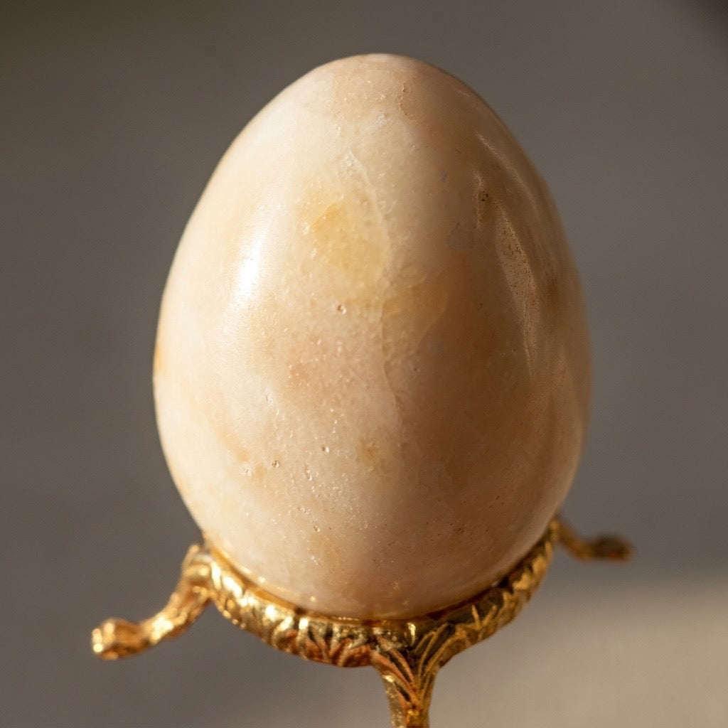 Cream & Blush Marble Stone Egg — Warm Pale Tone, Subtle Veining, 157g — detail view