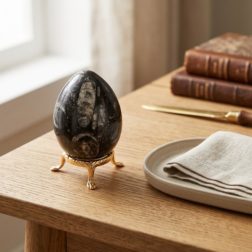 Orthoceras Fossil Egg — Paleozoic Cephalopod in Dark Limestone, Polished, 182g — detail view