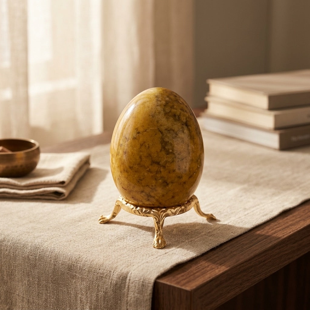 Yellow & Green Mottled Stone Egg — Warm Golden Tone, Vintage Piece, Polished — detail view