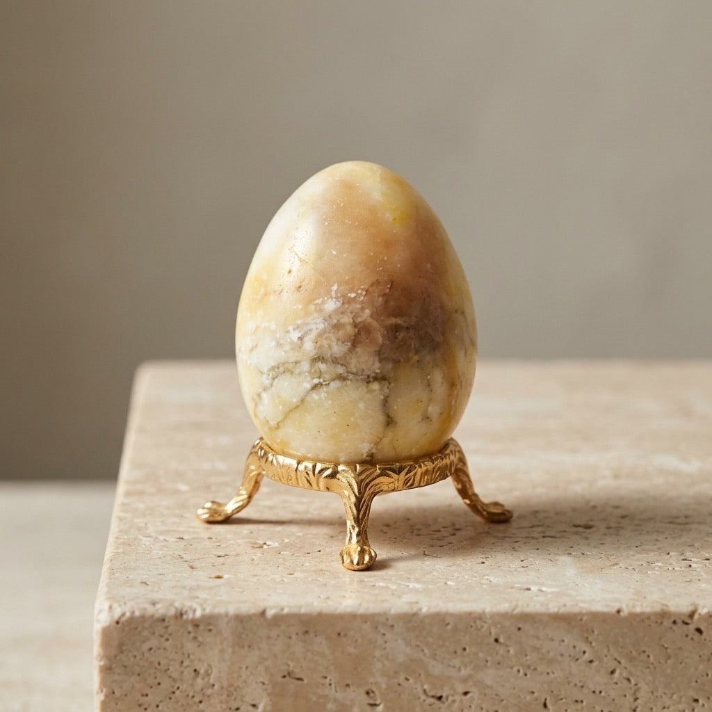 Alabaster Stone Egg — Warm Golden Tone, Semi-Translucent Veining, 122g — detail view