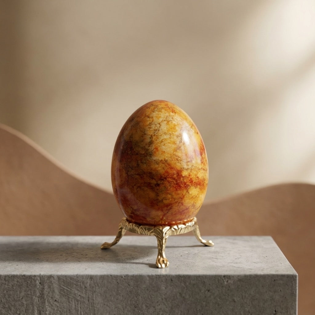 Red & Amber Marble Stone Egg — Warm Mottled Tones, Polished, 148g — detail view