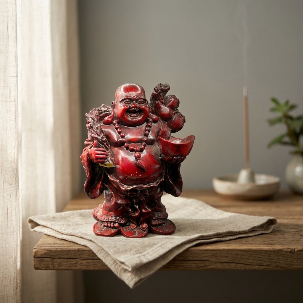 Red Cinnabar-Style Laughing Buddha Statue with Gold Ingot & Sack — detail view