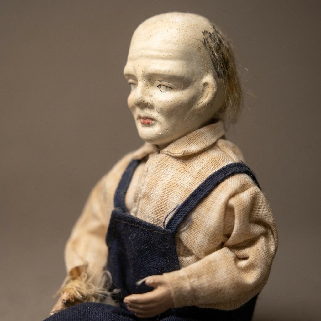 Vintage Composition Old Man Doll — Overalls, Folk Character Figure — detail view