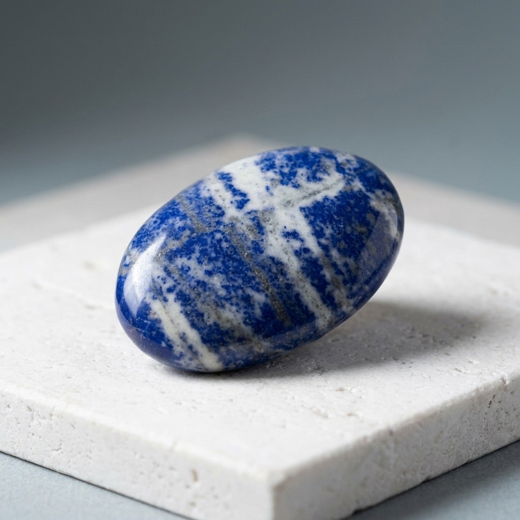 Lapis Lazuli Polished Oval — Deep Ultramarine with Pyrite Flecks, 82g — detail view