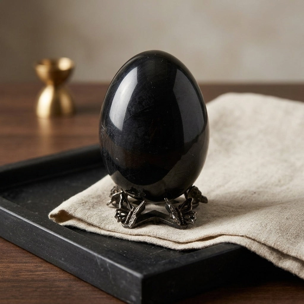 Void Mirror — Black Obsidian Egg Carving — detail view