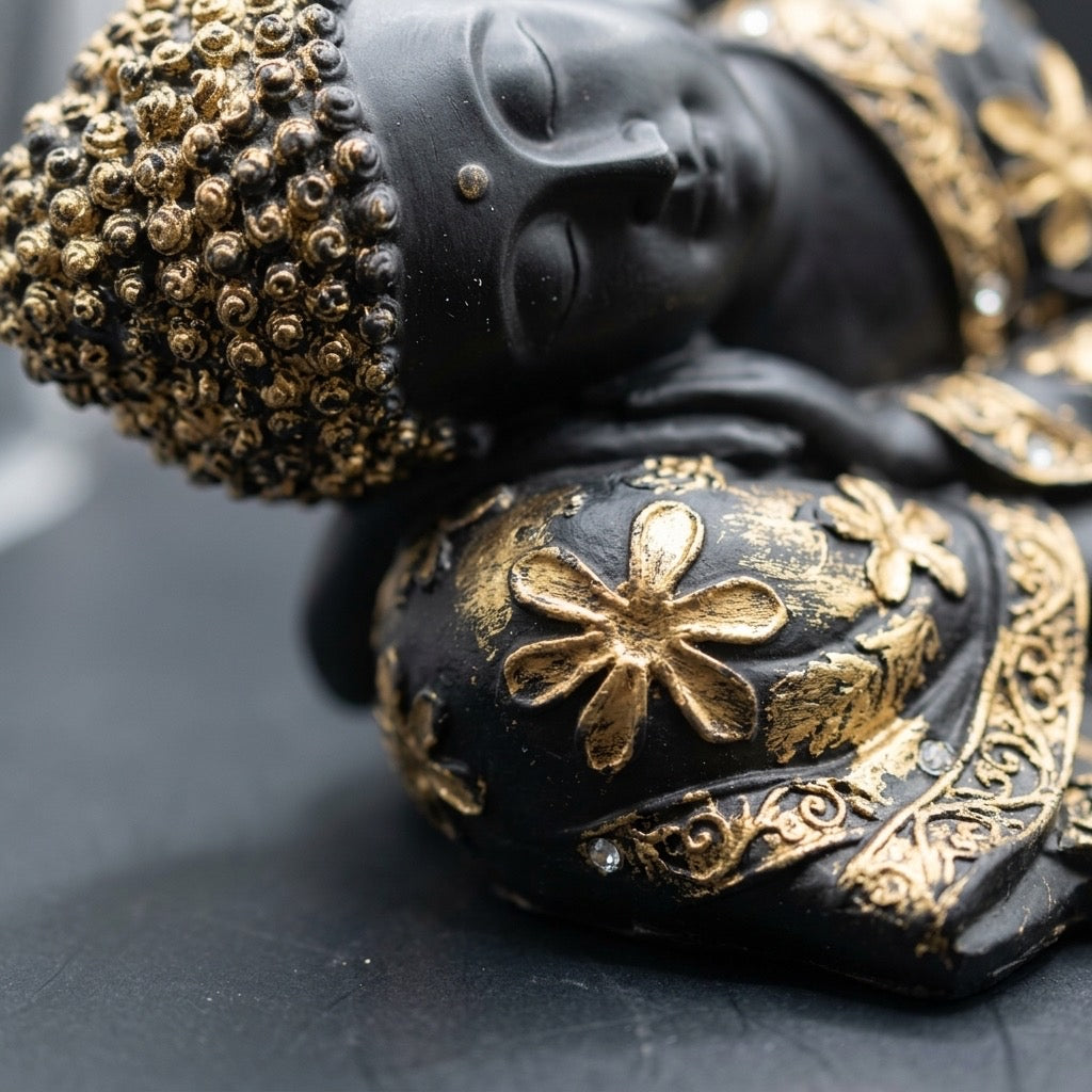 Black & Gold Resting Buddha Statue with Floral Robe Detail — detail view