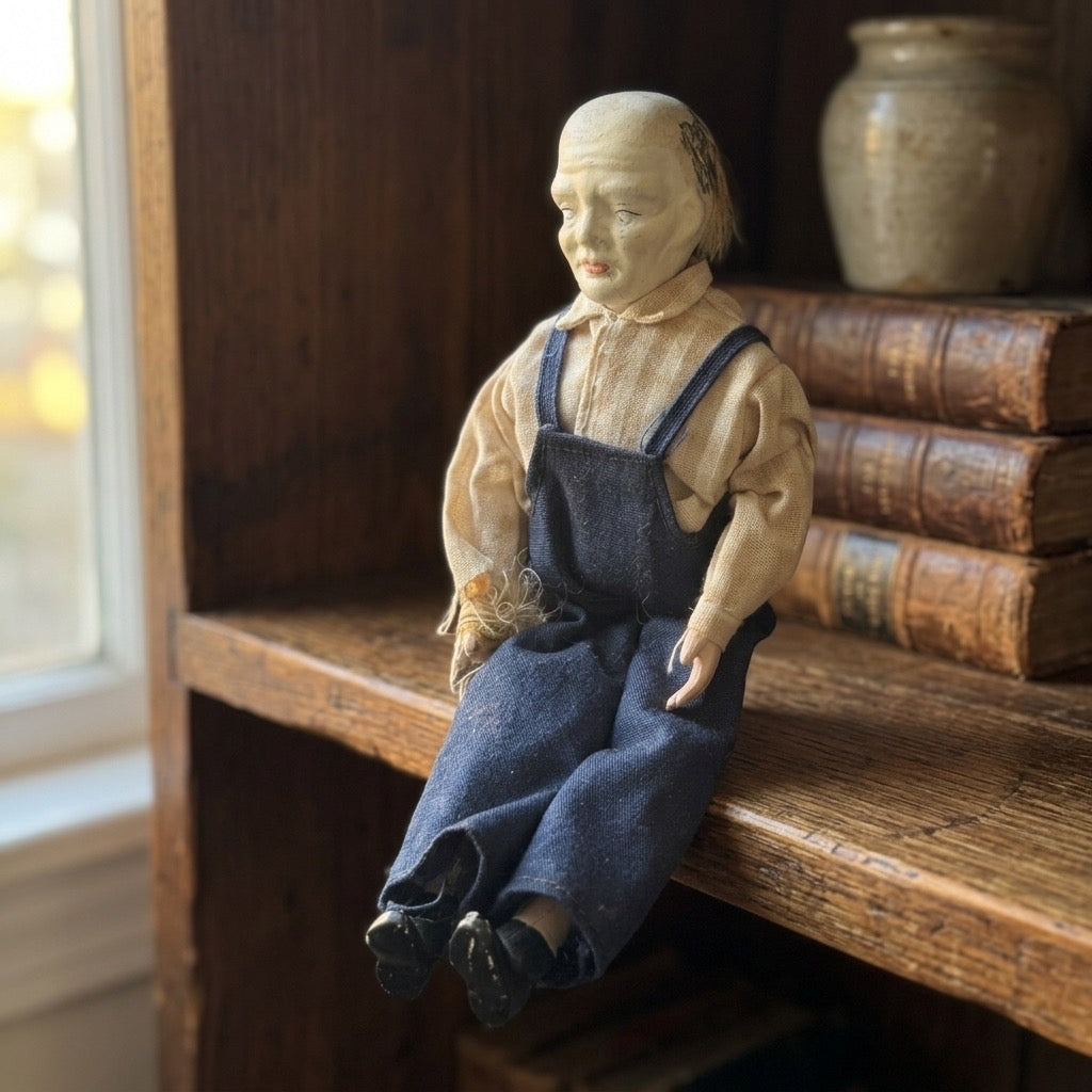 Vintage Composition Old Man Doll — Overalls, Folk Character Figure — detail view