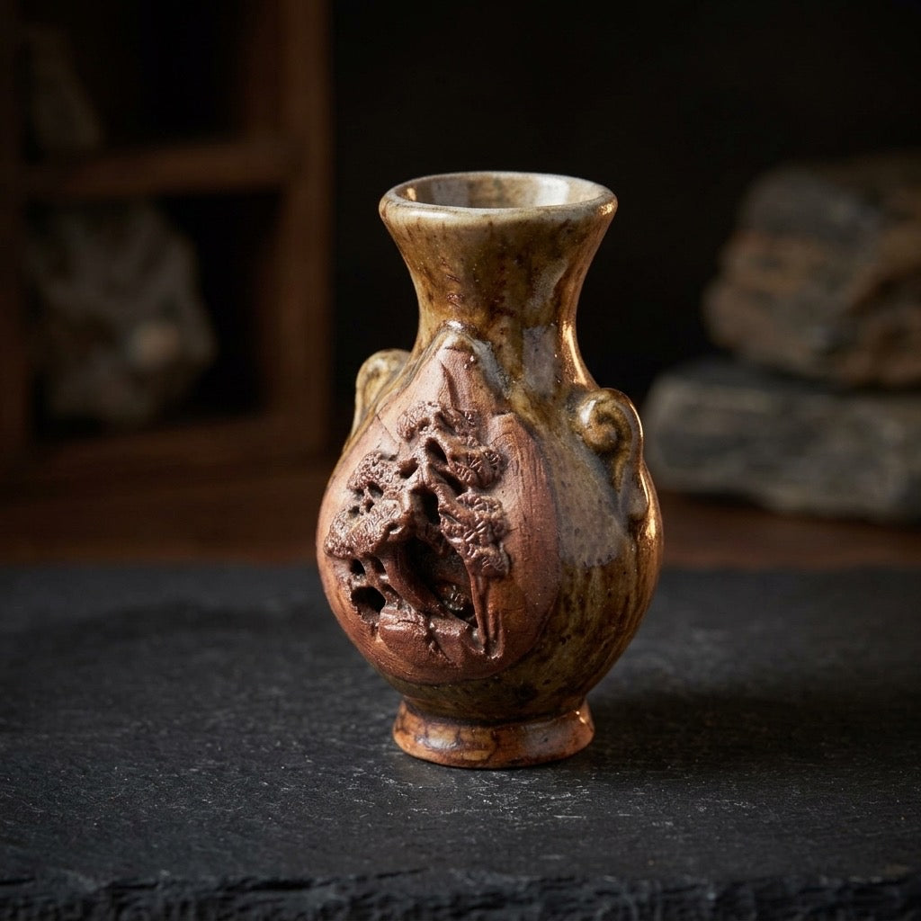 Vintage Japanese Banko Ware Miniature Vase — Hand-Carved 3D Scenic Relief — main view